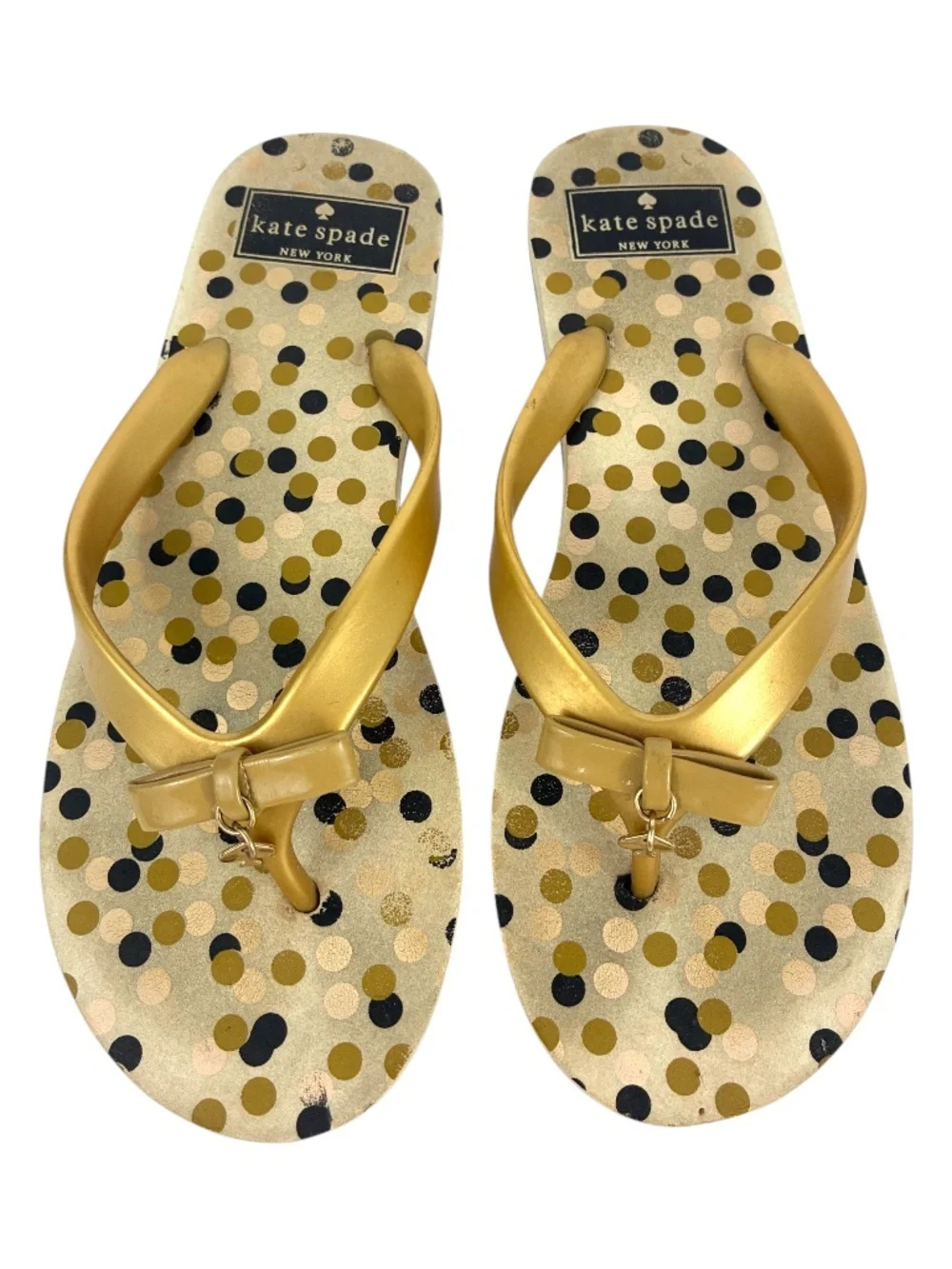 Kate Spade Gold Polka Dot Flip Flops 7 Flat Sandals Thongs Bow Charm Preppy Shoe